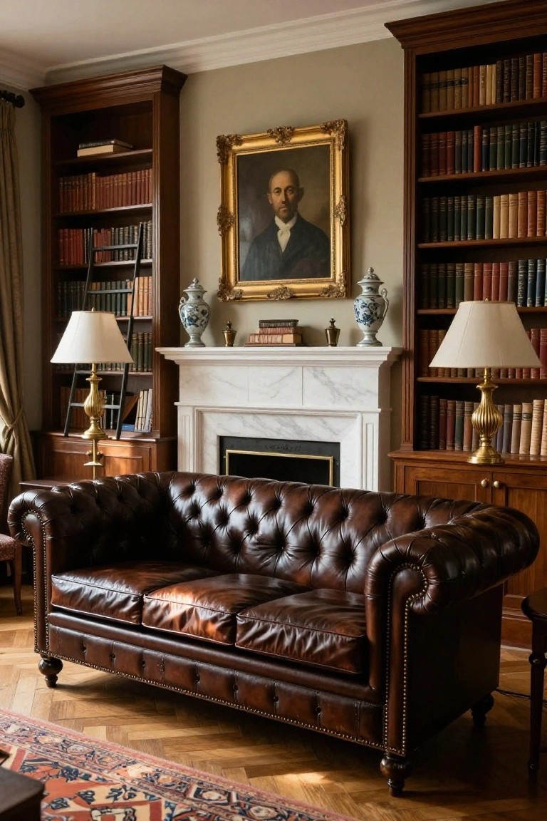 Traditional interior of a library room with tall wooden bookshelves, a tufted brown leather sofa in front of a white marble fireplace, brass lamps, and a framed portrait on the wall.
