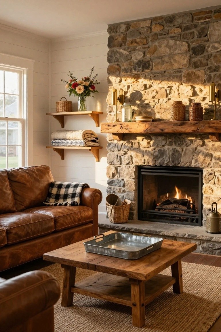 Living room interior with brown leather sofa facing stone fireplace, wooden coffee table, shiplap walls, woven baskets, blankets, and warm afternoon light from windows.