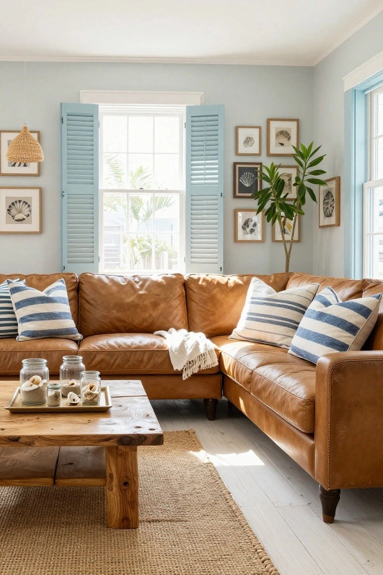 Corner tan leather L-shaped sofa in a pale blue living room with open blue plantation shutters on windows, navy and white striped pillows, tan throw blanket, rustic wood coffee table holding jars with seashells, potted plants, and assorted framed artwork on walls.