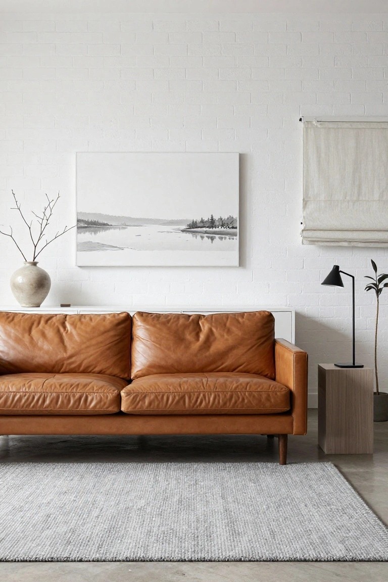 Tan leather L-shaped sofa in a white brick-walled living room with a framed landscape artwork, tall ceramic vase with branches, black lamp on wood side table, plant, linen blind, and gray rug on concrete floor.