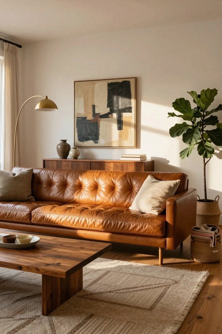 Sunlit living room with tan tufted leather sofa, low rectangular wooden coffee table, neutral woven rug, wooden credenza, abstract tan and black painting, gold arc lamp, and tall fiddle leaf fig plant in seagrass basket.