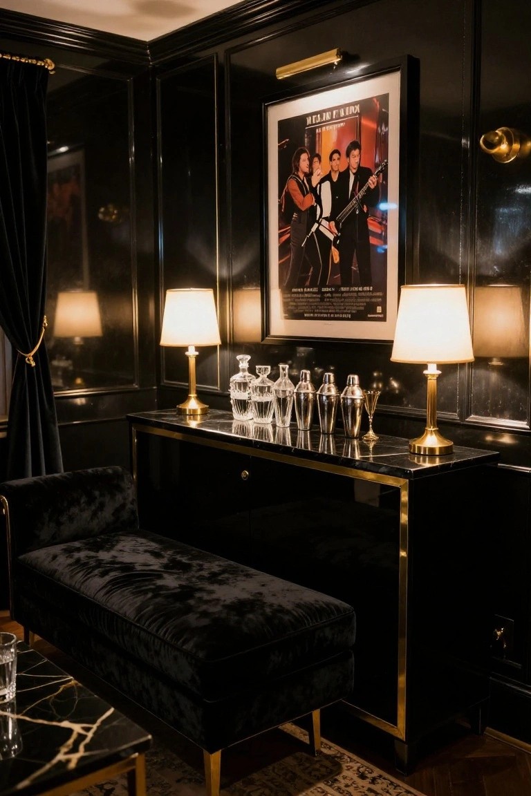 Dark paneled room featuring a black lacquered console table with gold trim holding glass decanters, shakers, and a cocktail glass, flanked by two brass lamps, a black velvet bench, and a framed band poster on the wall.