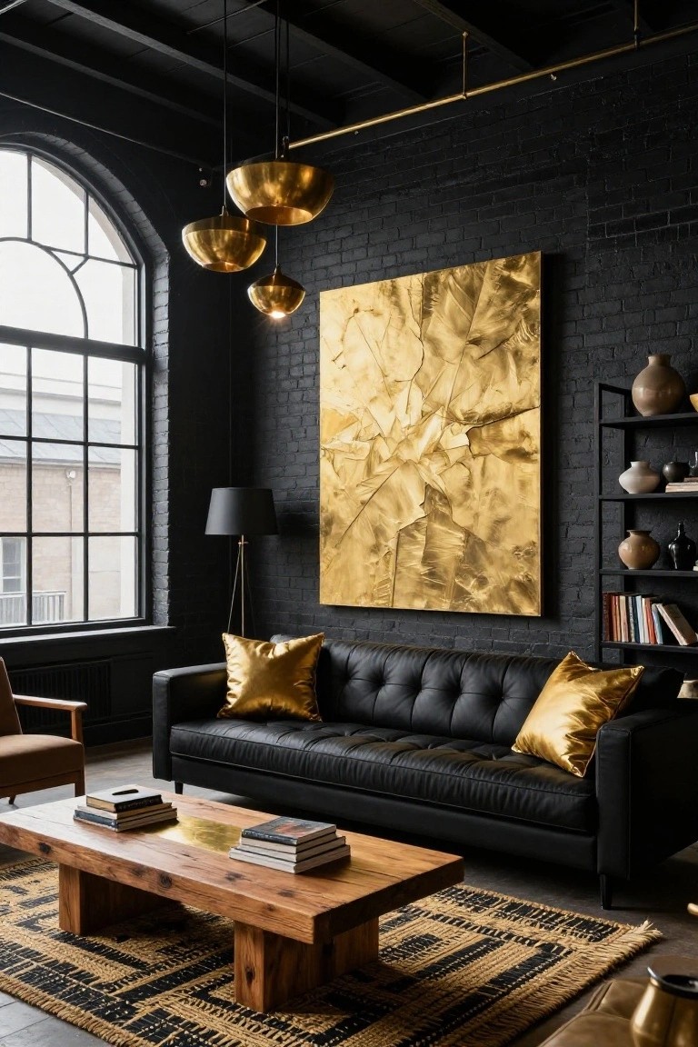 Living room with black exposed brick walls, large textured gold abstract painting, black tufted leather sofa with gold pillows, wooden coffee table, gold pendant lights, black floor lamp, and black metal shelving with ceramics.