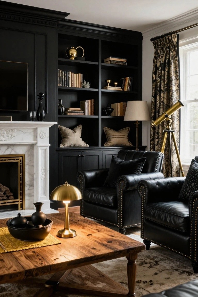 Living room with black built-in shelving and cabinets surrounding a white marble fireplace and TV, black leather armchairs, wooden coffee table, gold lamp, and decorative objects on shelves.