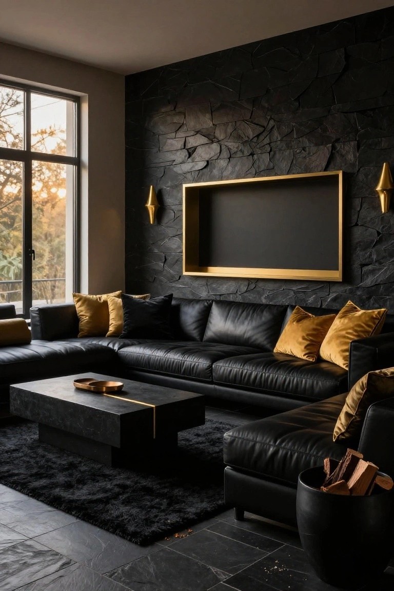 Modern living room with black leather L-shaped sectional sofa covered in gold pillows, black stone accent wall with gold-framed rectangular niche, black coffee table, black rug on dark tile floor, and window showing sunset view of trees.