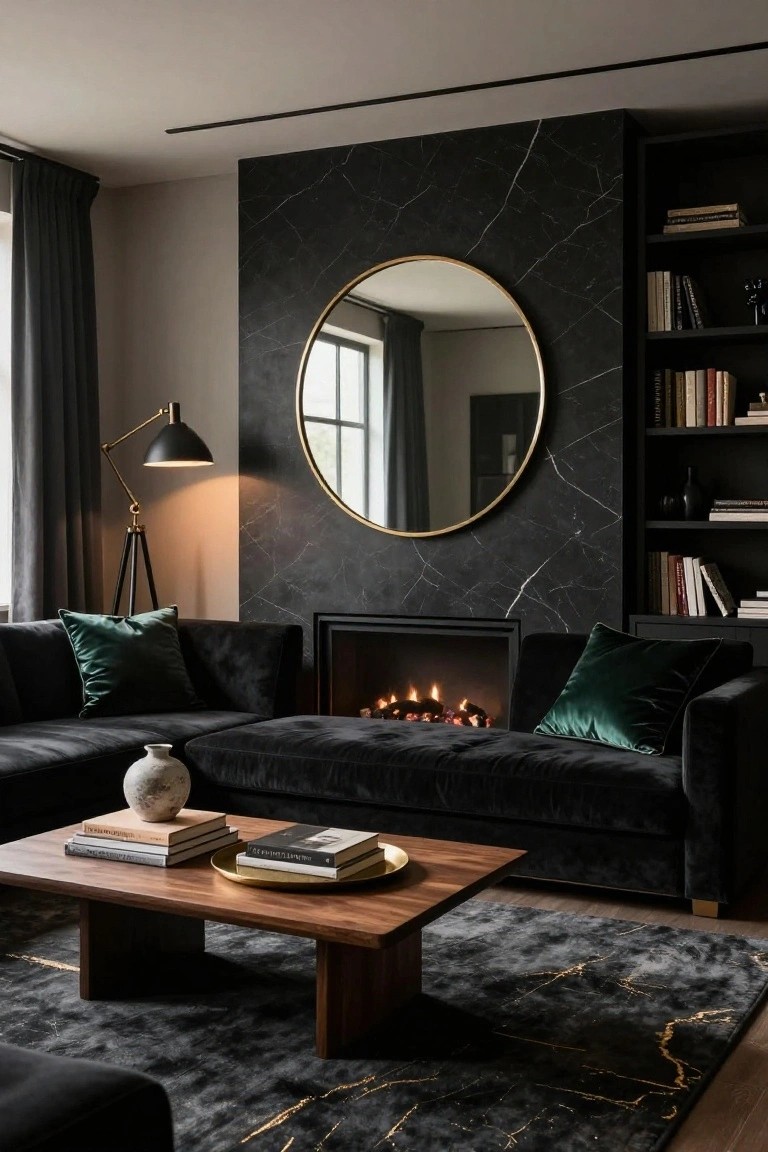 A living room with black marble wall behind a fireplace and large round gold-framed mirror, flanked by black bookshelves, black velvet L-shaped sofa with green pillows, wooden coffee table with books, tripod floor lamp, and dark rug with gold veins.