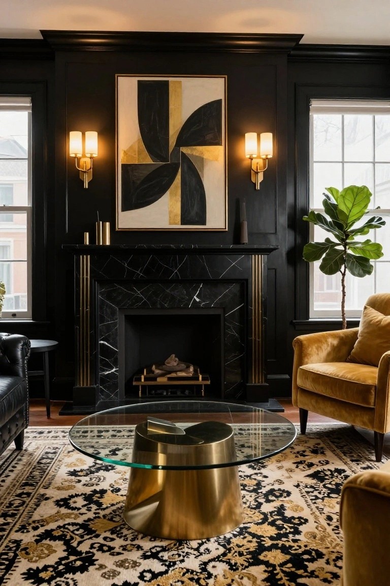 Dark paneled living room with black marble fireplace accented by gold fluted columns, gold wall sconces, large abstract black and gold painting above mantel, gold candle holders, brass coffee table, yellow velvet armchair, black leather chair, potted plant, and patterned rug.