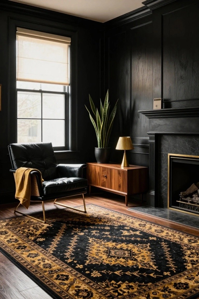 Corner of a living room with black wood-paneled walls, black leather armchair with gold legs and yellow throw on a black and gold patterned rug, walnut credenza with gold lamp and snake plant next to a black fireplace.