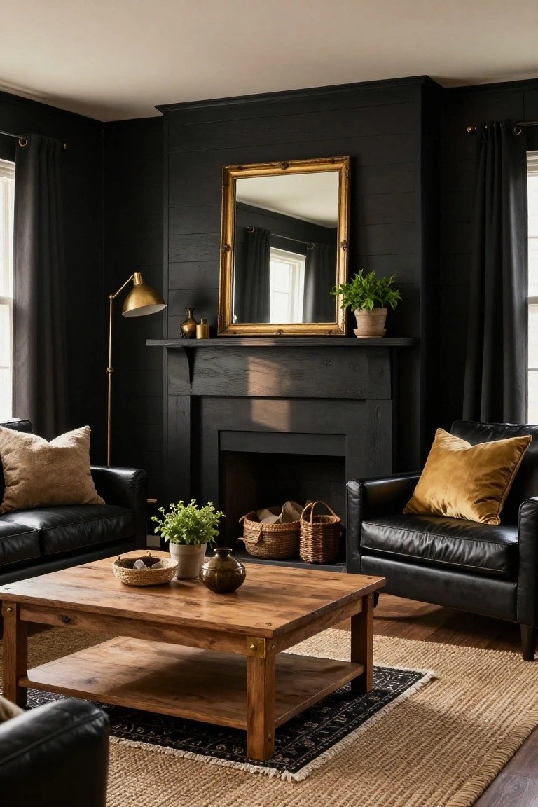 Living room with black shiplap walls, black fireplace, large gold-framed mirror above mantel, brass floor lamp, black leather chairs, wooden coffee table, plants, and woven baskets on seagrass rug.