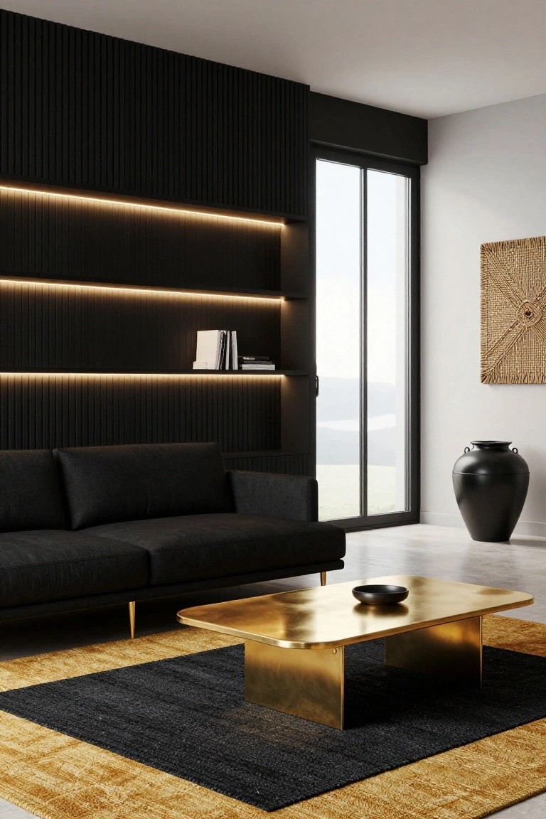 Modern living room with black vertical slatted wall panels featuring integrated LED backlighting and floating shelves holding books, black L-shaped sofa, rectangular gold-toned coffee table on black and gold rug, large glass doors showing mountain landscape, and woven wall art.
