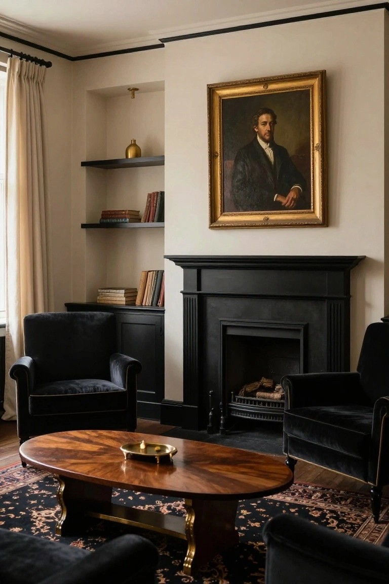Living room with four black velvet armchairs arranged around an oval burled wood coffee table with gold accents in front of a black fireplace, gold-framed portrait above mantel, books on shelves, beige walls, and patterned rug.