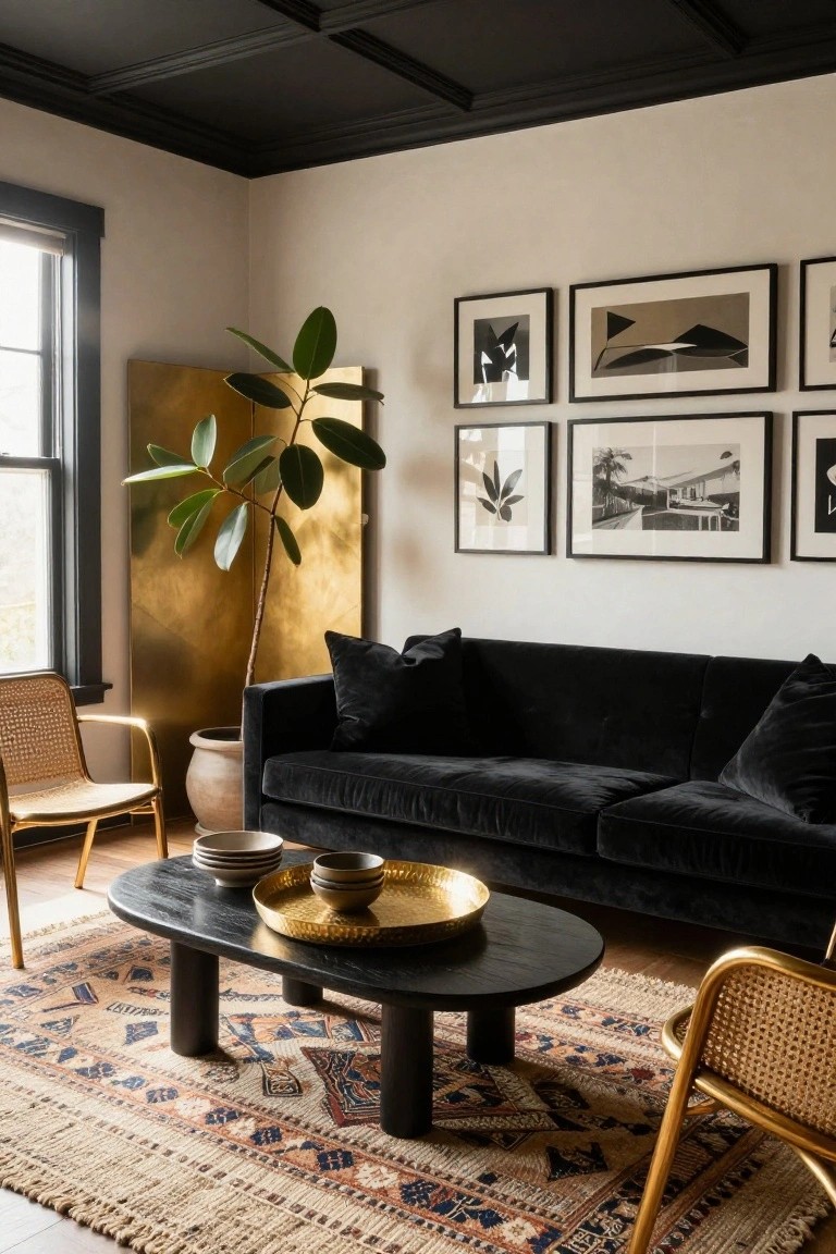Living room with black velvet sofa, two rattan chairs with gold frames, black coffee table topped with gold tray and ceramic dishes, gold screen behind potted fiddle leaf fig plant, cream walls with black-framed abstract art, black ceiling, and multicolored patterned rug on wood floor.