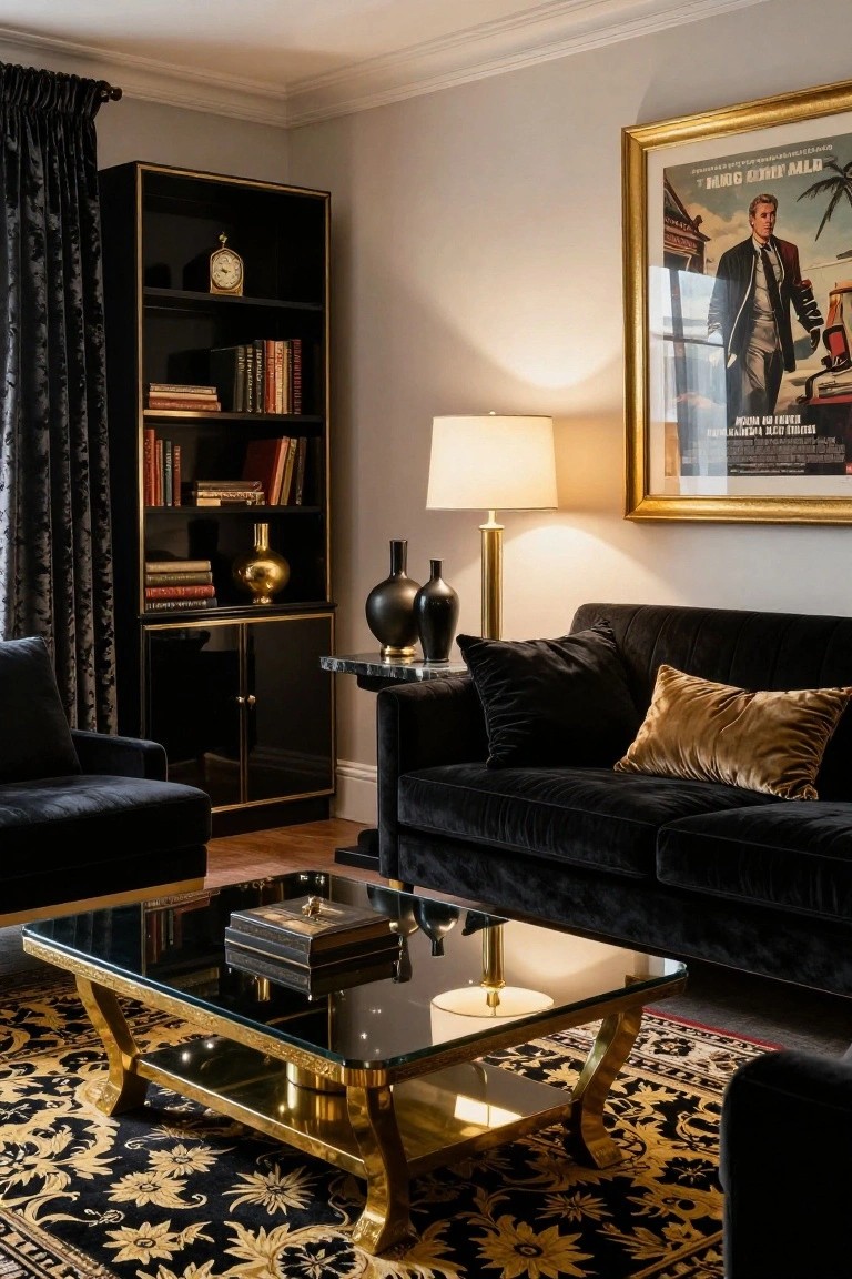 A living room with black velvet sofa and armchairs, brass-trimmed glass coffee table, black lacquered bookshelves with gold clock and vases, lamp on side table, and gold-framed movie poster on gray wall over ornate black and gold rug.