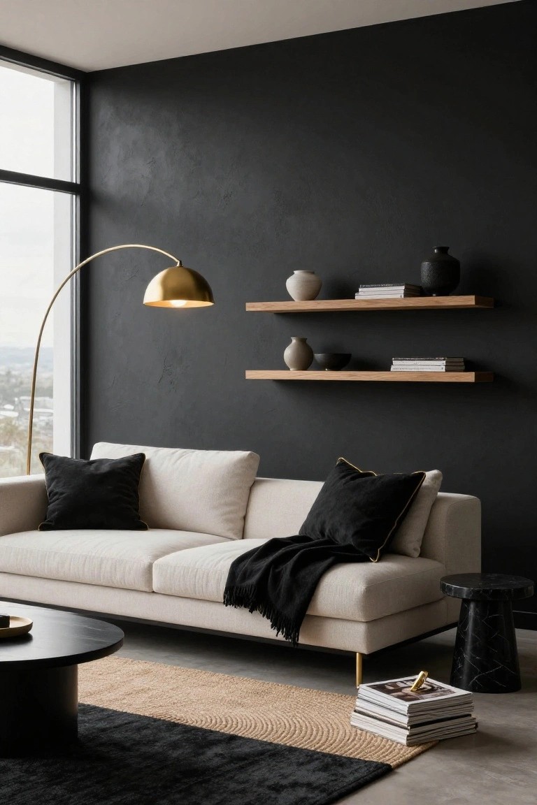 Modern living room with textured black walls, curved gold arc floor lamp, floating oak shelves holding ceramics and books, cream sofa with black pillows and throw, black round coffee table, stacked magazines, seagrass and black rug, and window view of cityscape.