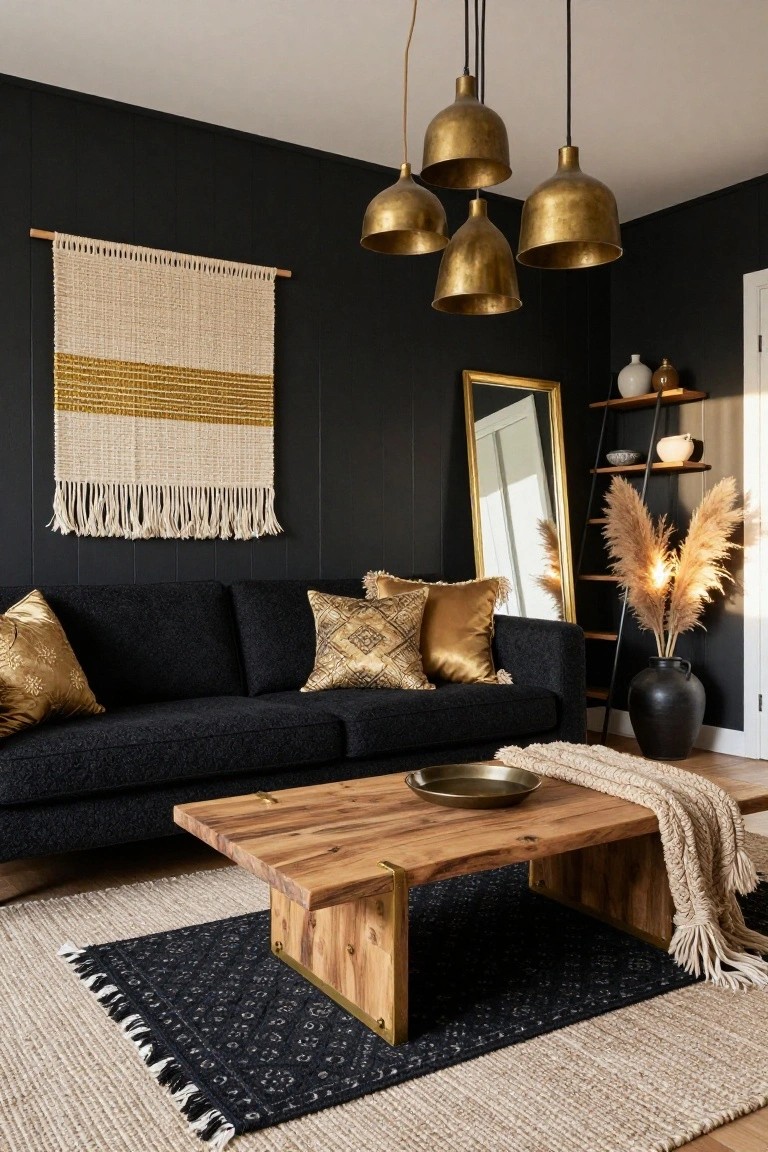 A living room with black paneled walls, black velvet sofa with gold pillows, wooden coffee table, gold pendant lights hanging above, tall pampas grass in a black vase, gold mirror, and woven wall hanging.