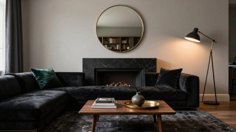 17 Black and Gold Living Room Decor Ideas A living room with black marble wall behind a fireplace and large round gold-framed mirror, flanked by black bookshelves, black velvet L-shaped sofa with green pillows, wooden coffee table with books, tripod floor lamp, and dark rug with gold veins.