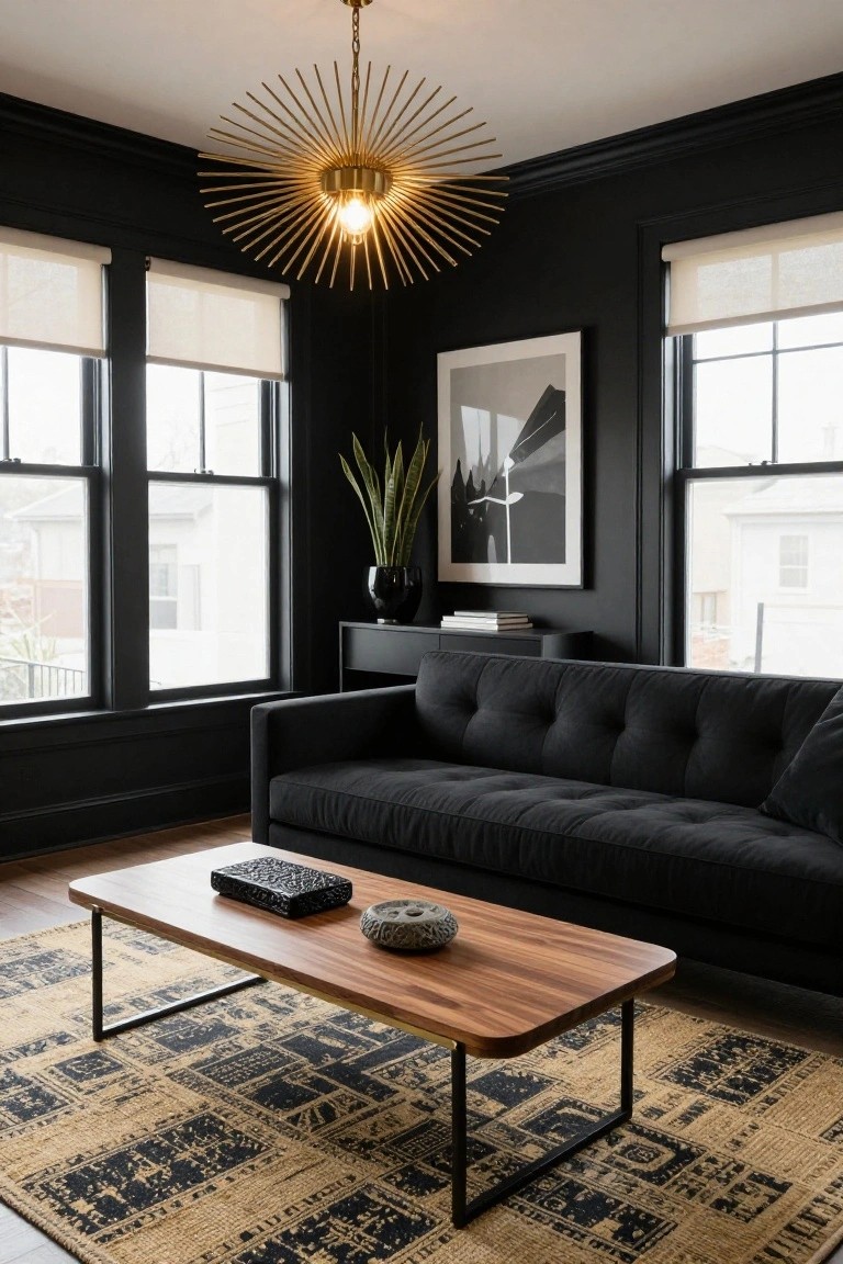 Black-walled living room corner with gold starburst chandelier above black tufted sofa, wood coffee table on patterned rug, snake plant in black pot, books on credenza, and two large windows with beige roller shades.