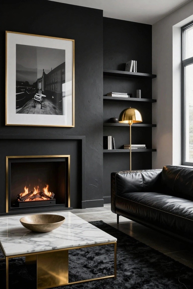 Black textured walls in a living room with gold-framed inset fireplace containing burning logs, floating black shelves holding books and a gold dome floor lamp, black leather L-shaped sofa, white marble coffee table with gold frame and bronze bowl, and large framed black-and-white architectural photo.