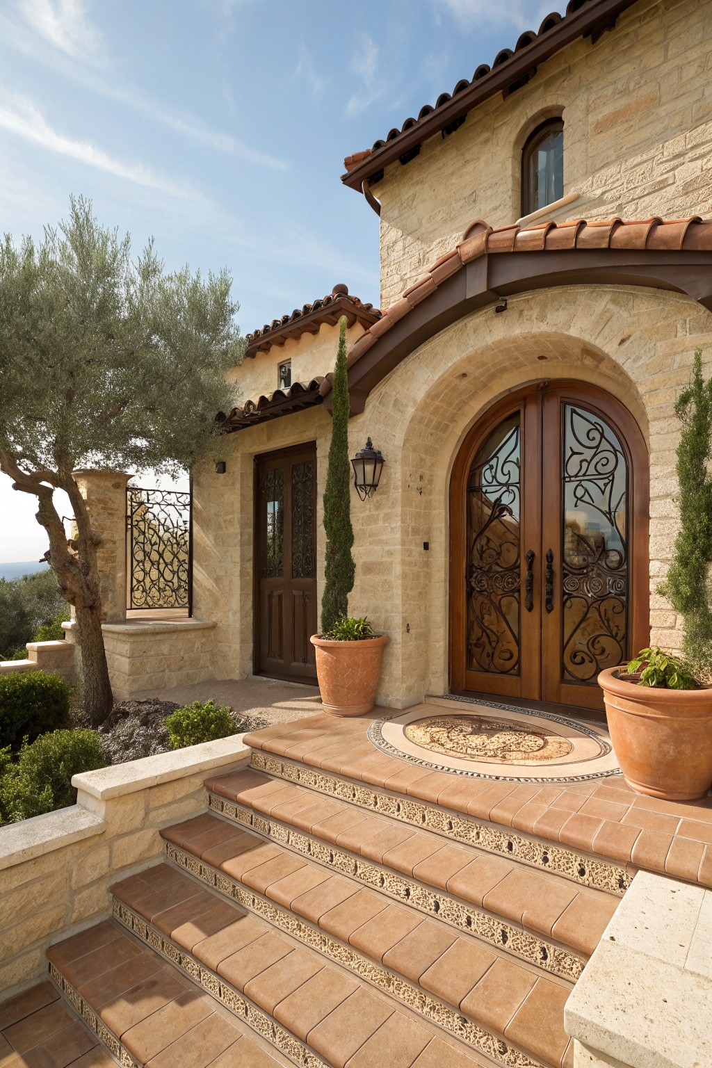 Cream stone house exterior with arched wooden double doors featuring wrought iron grilles, flanked by potted plants and cypress trees, terracotta tiled steps, and a circular tile inset at the entry.
