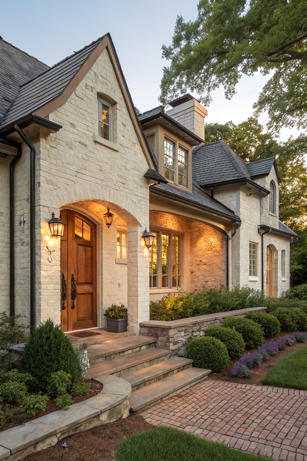 Cream brick house exterior with an arched wooden front door, lanterns on brick pillars, stone steps, boxwood shrubs, purple flowers, and a brick path at dusk.