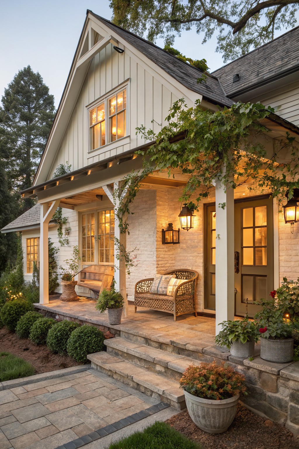 Cream board-and-batten sided house with covered front porch, wooden swing bench, wicker chair with pillows, vine-draped columns, wall lanterns, potted plants, stone steps, and dusk lighting.