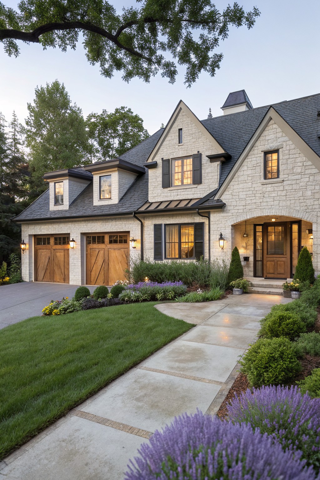 A two-story cream brick house with dark gray roof, black shutters, wooden garage doors, arched entry with glass door, landscaped front yard with flowers and shrubs, and pathway leading to the entrance at dusk.