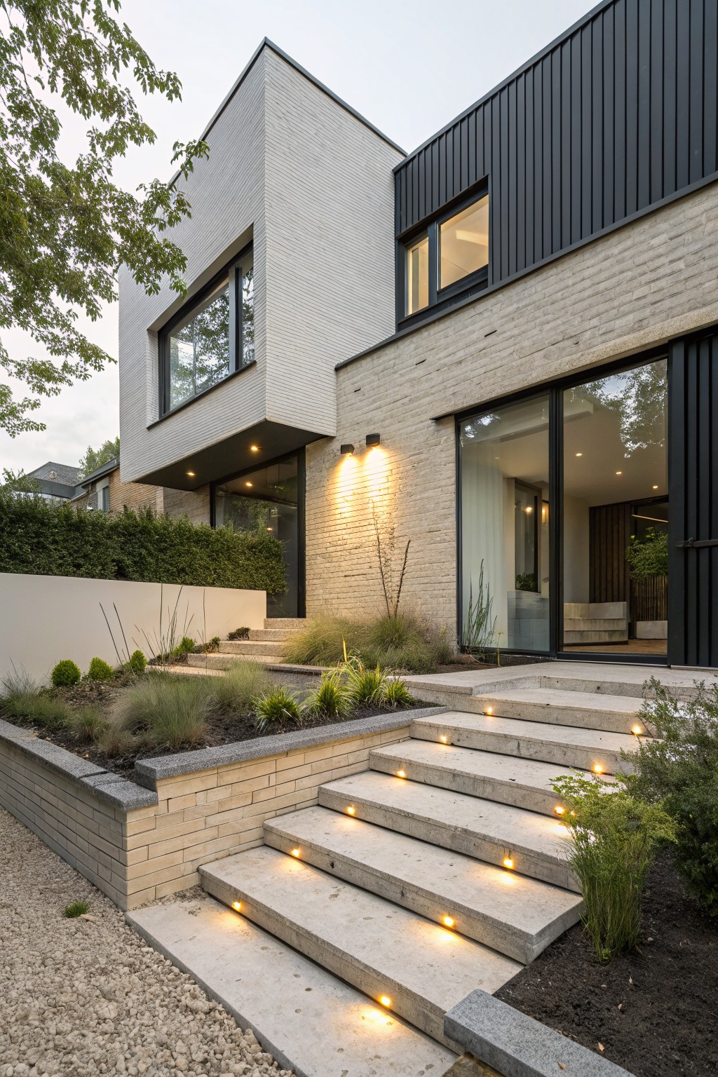 Modern house exterior with light cream brick on lower walls, black metal cladding and roof on upper section, large glass sliding doors, wide concrete steps with integrated LED lights, low planting beds, and gravel path.