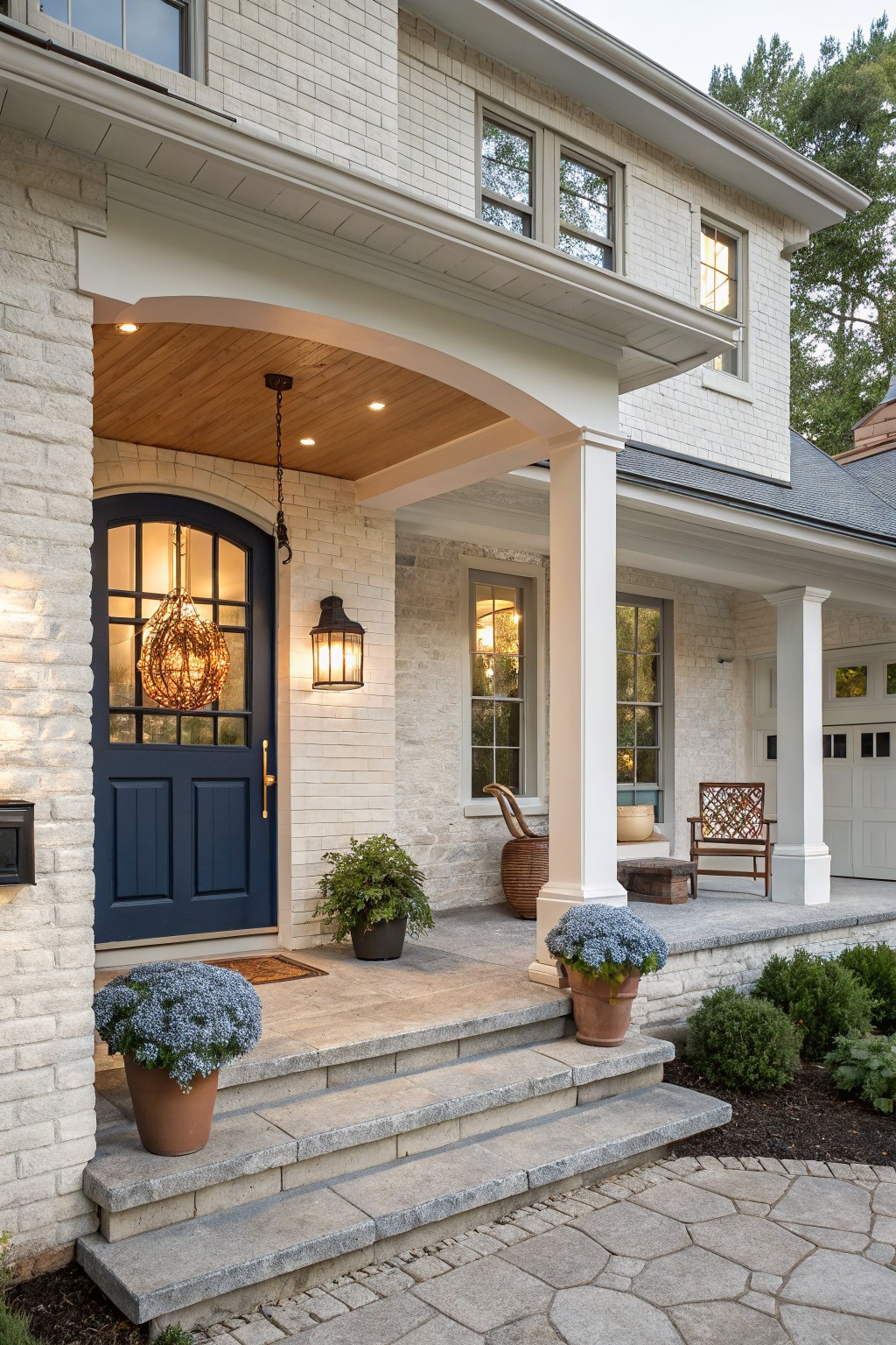 Cream brick house exterior featuring a navy blue arched front door with wreath, flanked by lanterns, white porch columns, potted plants, and stone steps leading to a gray paver walkway.