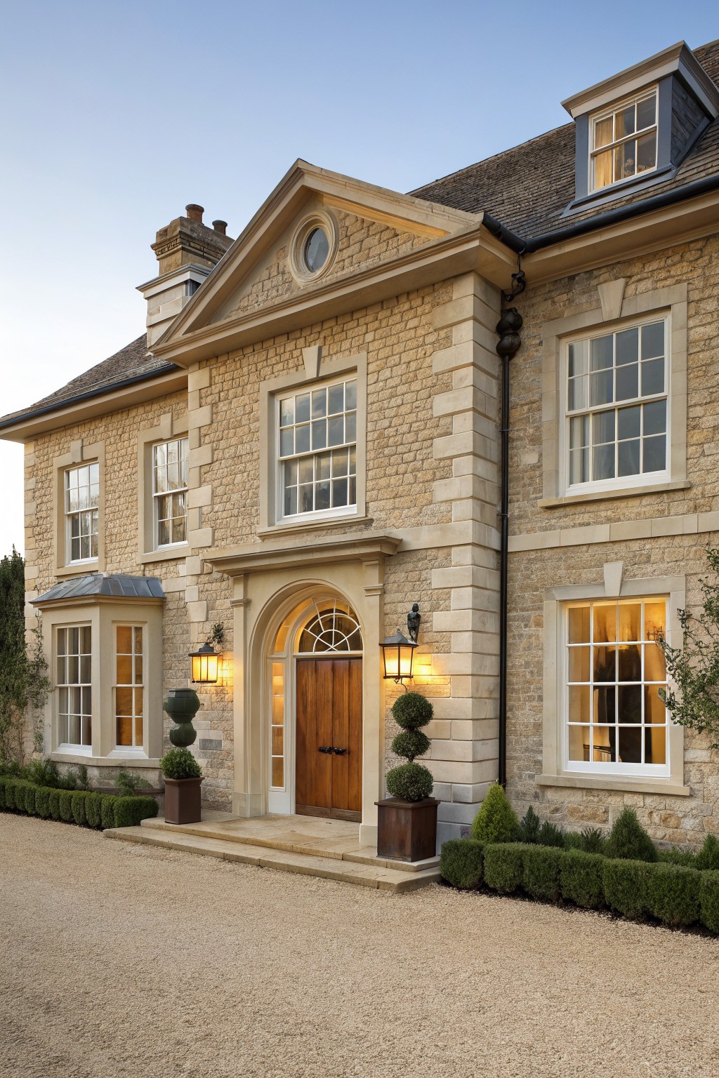 Cream-colored stone house exterior with pedimented arched entrance, double wooden doors, lanterns, topiary plants, boxwood hedges, and gravel driveway.