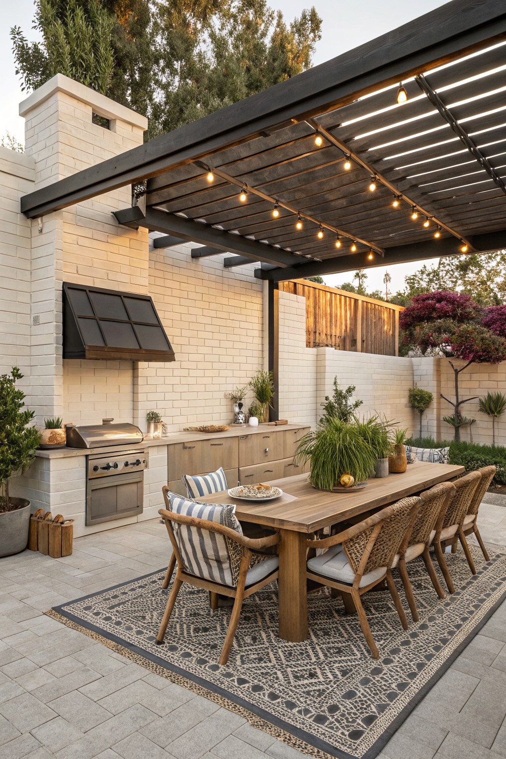 Outdoor patio with cream brick kitchen featuring stainless steel grill, white cabinets, wood dining table, rattan chairs under black pergola with string lights on gray pavers surrounded by potted plants.