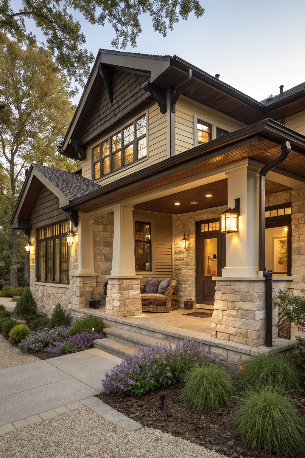 Two-story house exterior featuring cream painted brick walls, tall stone pillars on a covered front porch with seating, dark wood trim and shakes, landscaping with purple flowers and grasses, and warm exterior lighting in evening light.