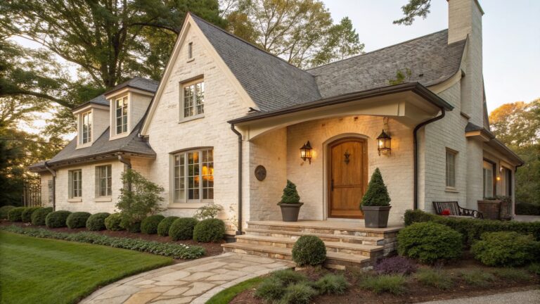 Cream brick house exterior with an arched wooden front door, lanterns on brick pillars, stone steps, boxwood shrubs, purple flowers, and a brick path at dusk.