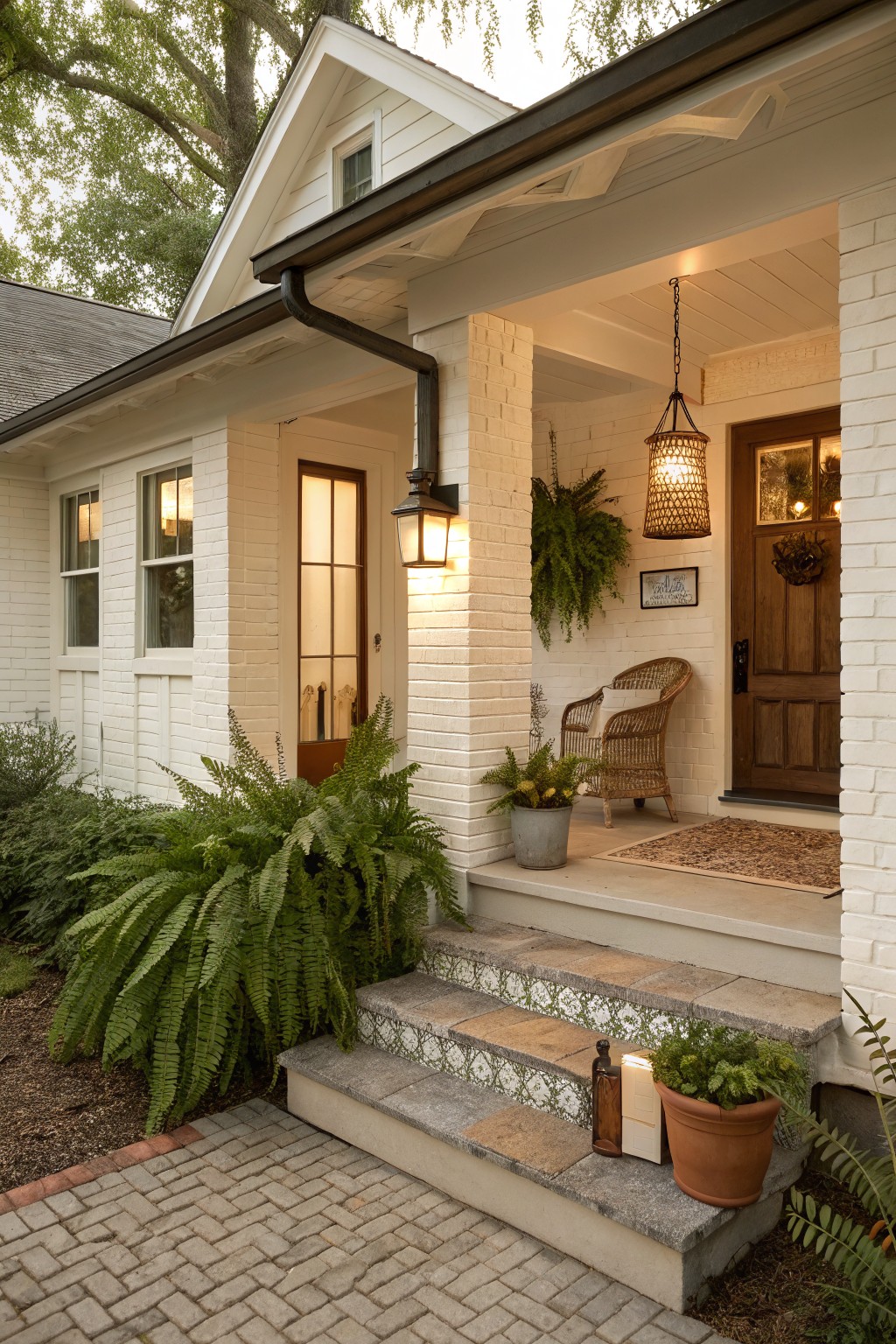 Cream-painted brick house exterior with a covered front porch, wooden door, wicker chair, hanging ferns, potted plants, lantern lights, and tiled steps leading from a brick path.