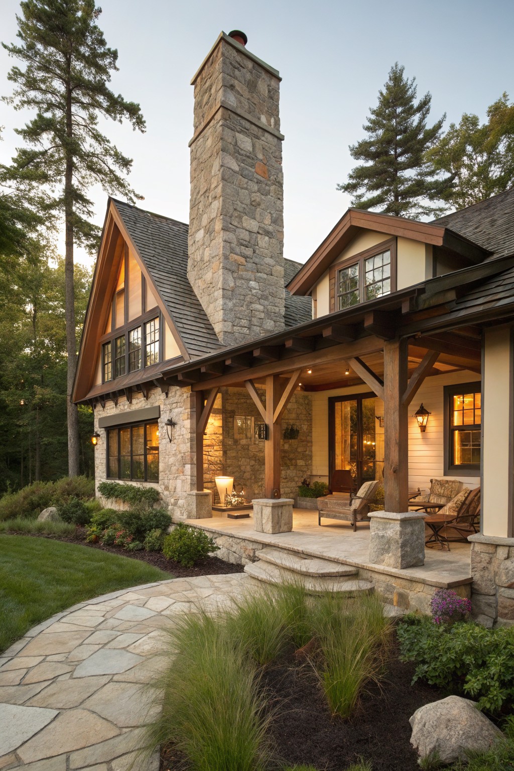 Two-story house exterior with cream siding, tall gray stone chimney, dark timber-beamed covered porch with stone pillars and posts, large windows, entry seating, stone path, ornamental grasses, and surrounding pine trees.