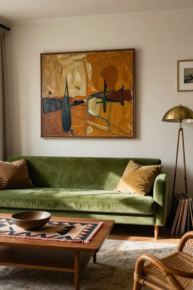 A bright living room with a green velvet three-seater sofa, large abstract painting in orange and brown tones on the wall above it, wooden coffee table holding a woven rug and terracotta bowl, gold arched floor lamp, stacks of records, and rattan armchair.