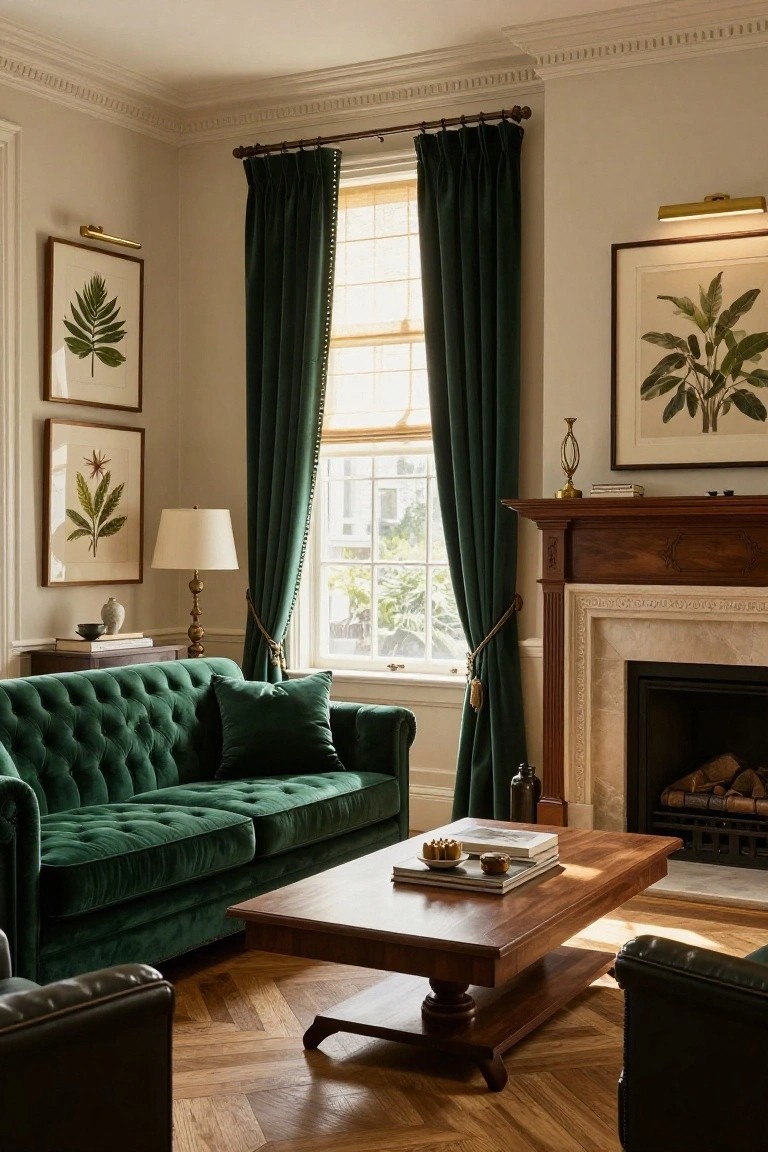 A living room interior with an emerald green velvet tufted sofa, wooden coffee table, marble fireplace, green velvet curtains on a large window, botanical prints on walls, and leather armchairs on herringbone wood floors.