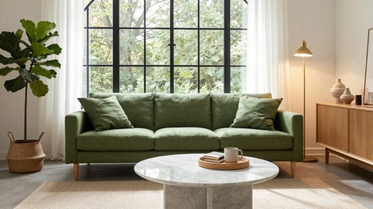 Light-filled living room featuring a green upholstered sofa, tall fiddle leaf fig plant in a woven basket next to a wooden credenza, white marble coffee table with a book and mug, large arched black-framed windows with sheer curtains, and light wood floors with a beige rug.