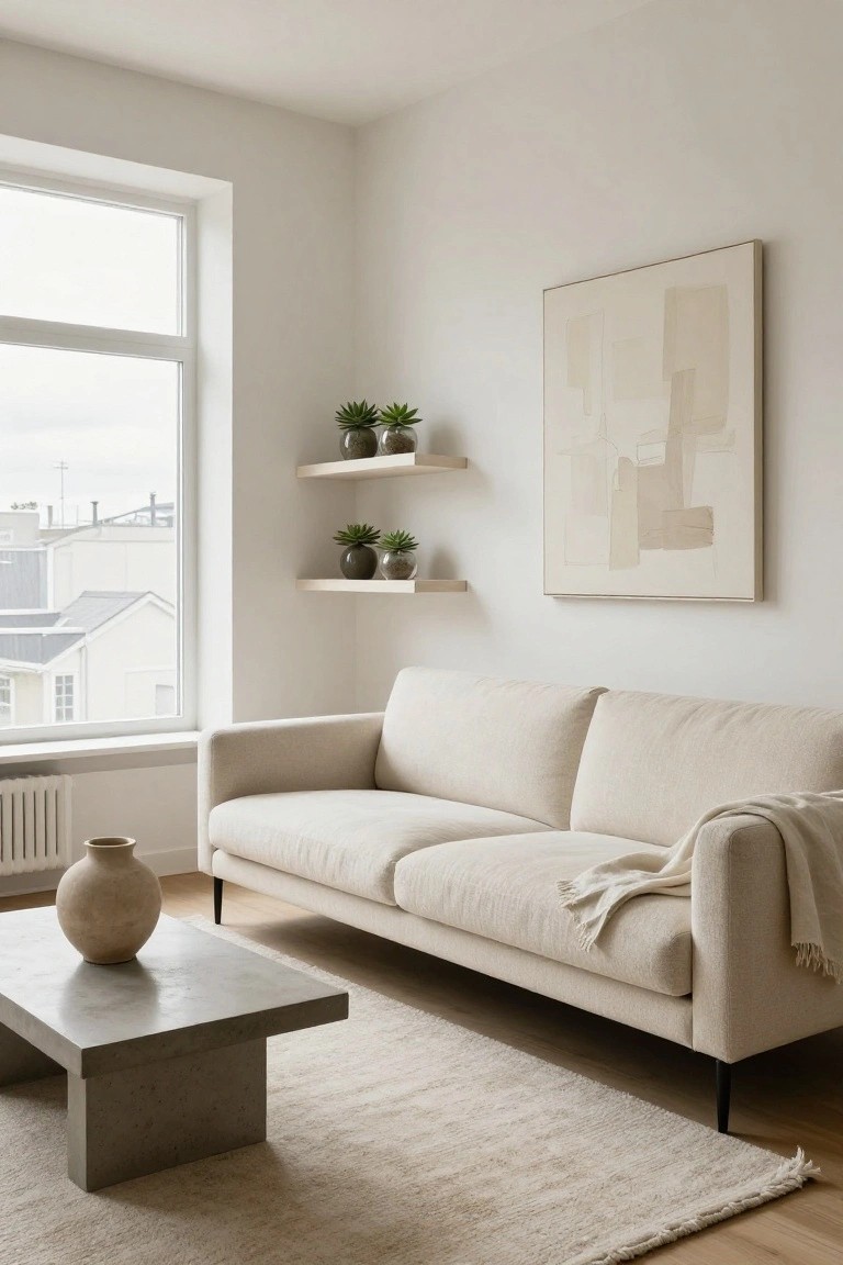 A minimalist living room corner with a cream sofa, low concrete coffee table holding a terracotta vase, wooden floating shelves displaying small potted plants, a large beige abstract artwork, and a big window with city view.