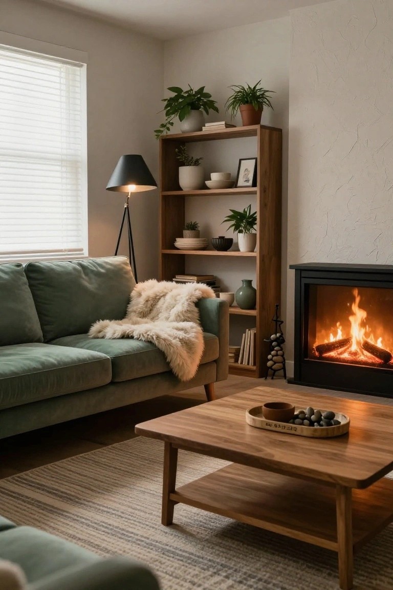 Green Couch by the Fireplace