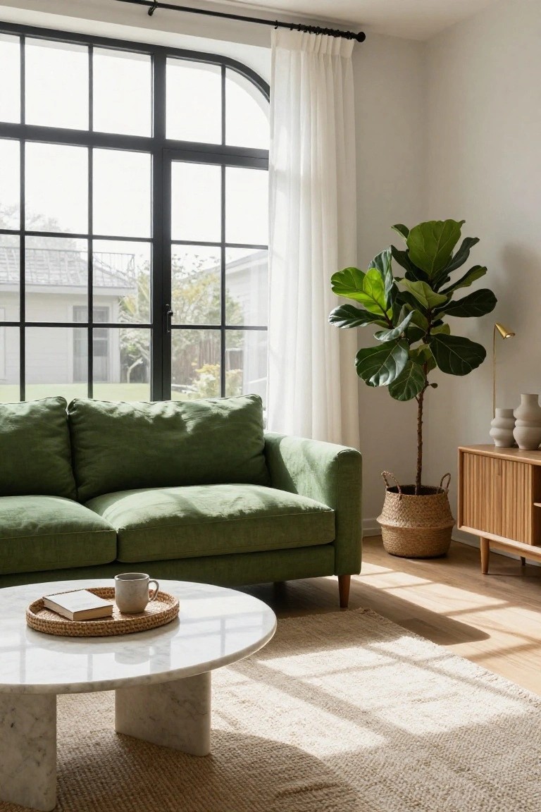 Light-filled living room featuring a green upholstered sofa, tall fiddle leaf fig plant in a woven basket next to a wooden credenza, white marble coffee table with a book and mug, large arched black-framed windows with sheer curtains, and light wood floors with a beige rug.