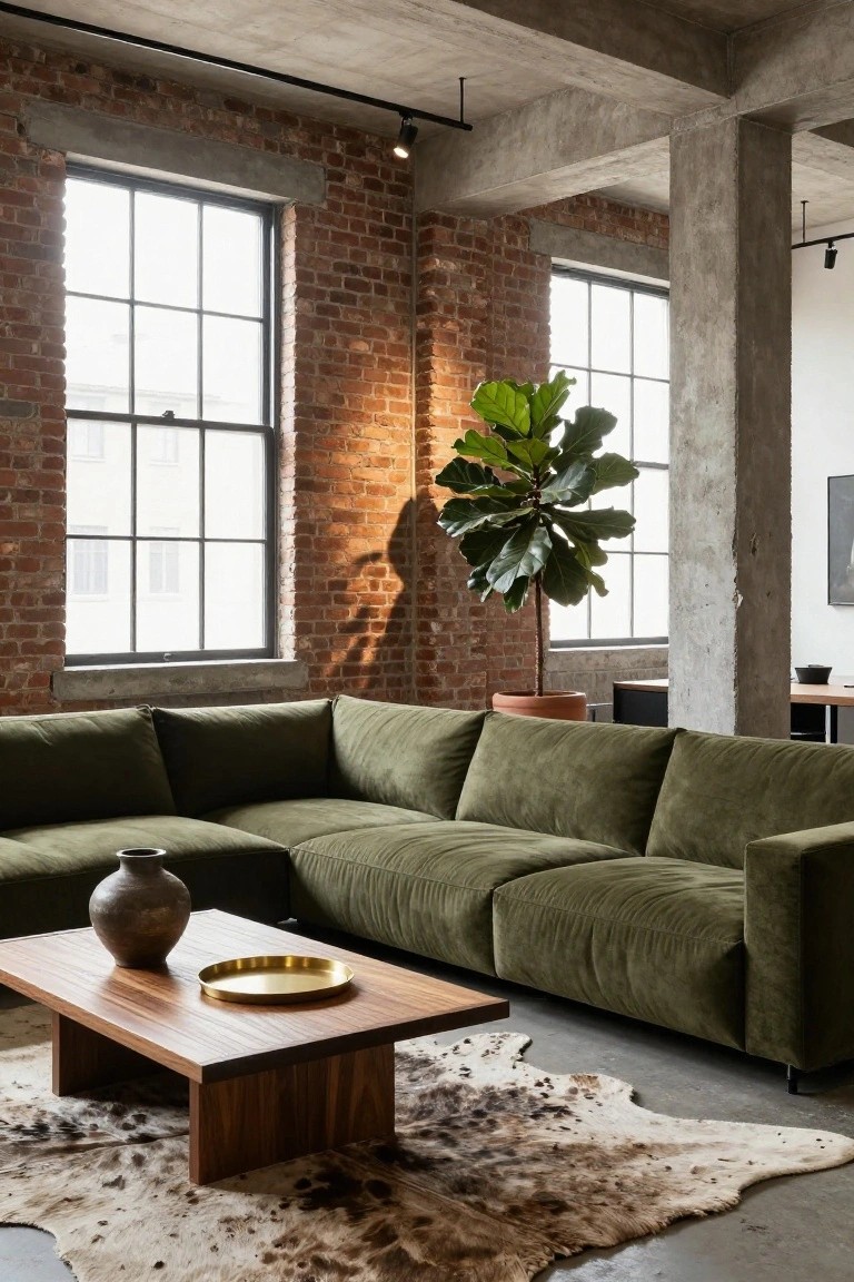 Green velvet L-shaped sectional sofa in an industrial living room with exposed brick walls, concrete beams and ceiling, large windows, fiddle leaf fig plant in terracotta pot, wooden coffee table with brass tray and ceramic vase, cowhide rug on concrete floor.