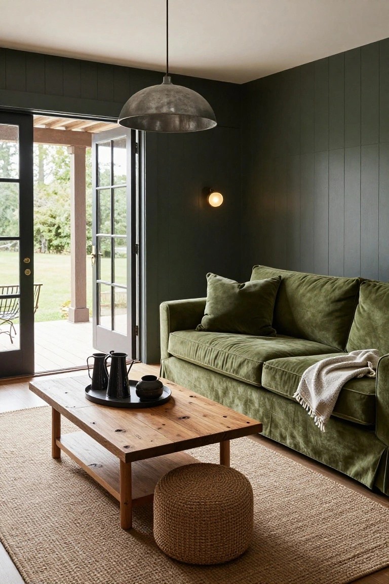Dark green paneled living room with green velvet sofa, wooden coffee table holding black teapots and ceramic cups, seagrass pouf and rug, and open French doors to wooden porch with outdoor chairs and greenery.