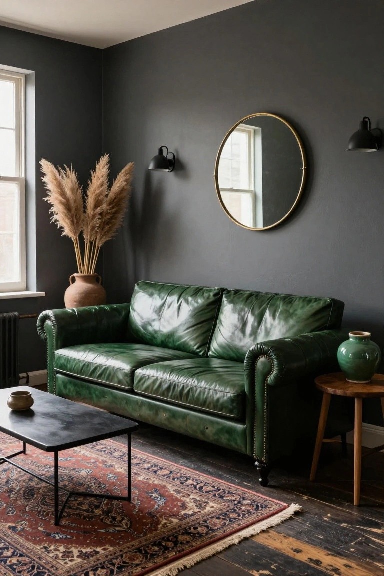 Green leather tufted sofa in a living room with dark gray walls, tall pampas grass in a terracotta pot, round gold mirror, black wall sconces, black metal coffee table on a red and blue Persian rug, green ceramic vase on wooden side table, and radiator near window.
