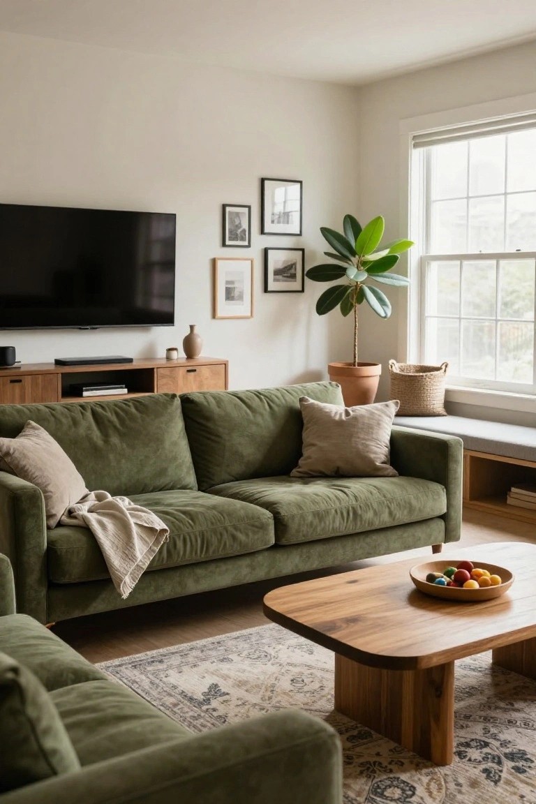 Living room with two green velvet L-shaped sectionals facing a wooden coffee table, wooden media console and TV on wall, neutral walls, large potted plant by window, and woven basket.
