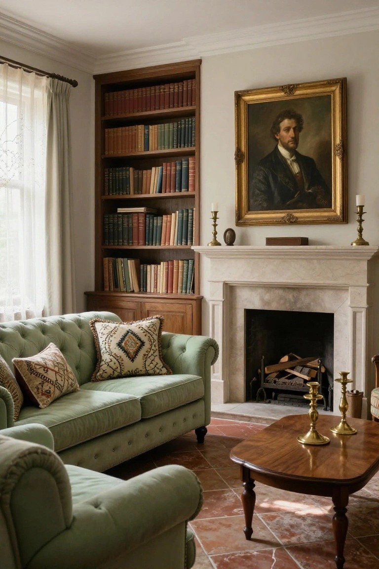A sage green tufted sofa in a living room with tall wooden bookshelves filled with books, a marble fireplace with burning logs, a gold-framed portrait above the mantel, and brass candlesticks on side tables and the hearth.