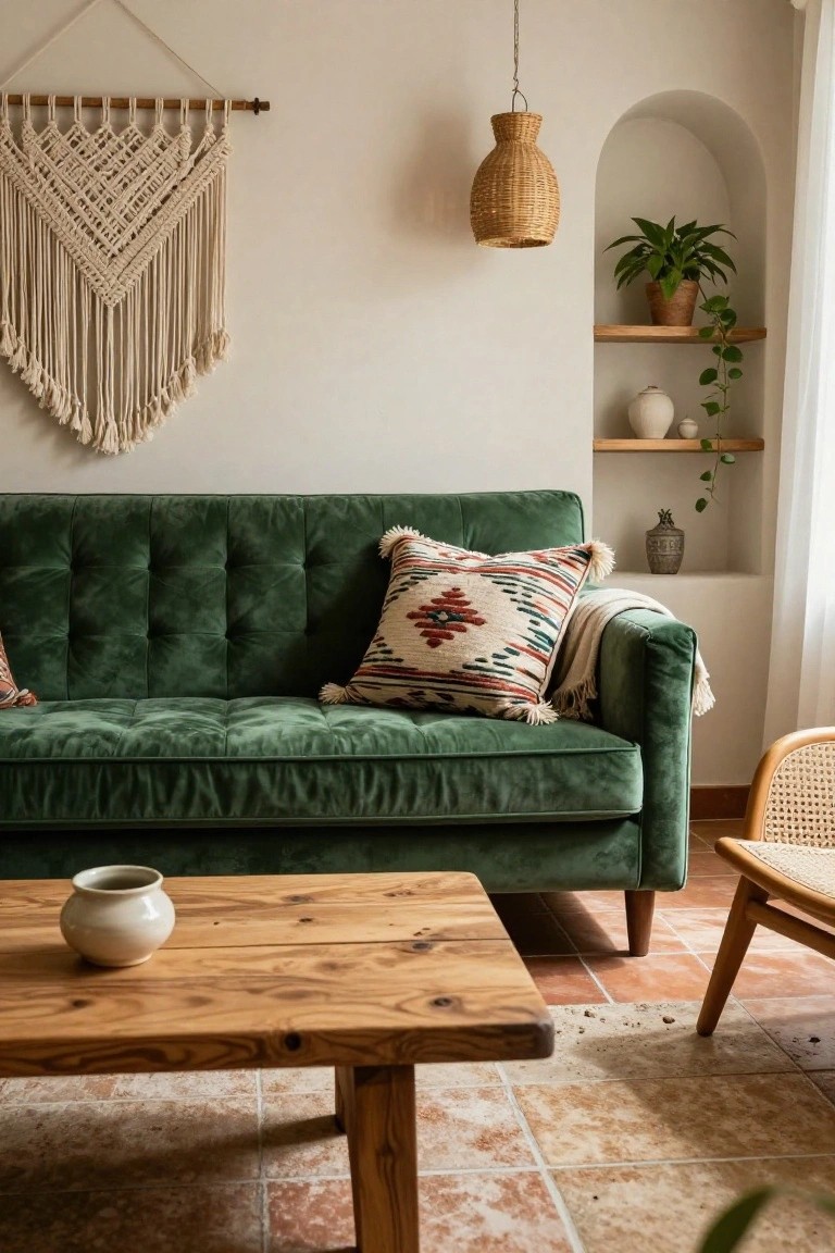 Green tufted velvet sofa in a living room with white walls, large macrame wall hanging, woven pendant light, plants on shelves, wooden coffee table, rattan chair, and terracotta tile floor.