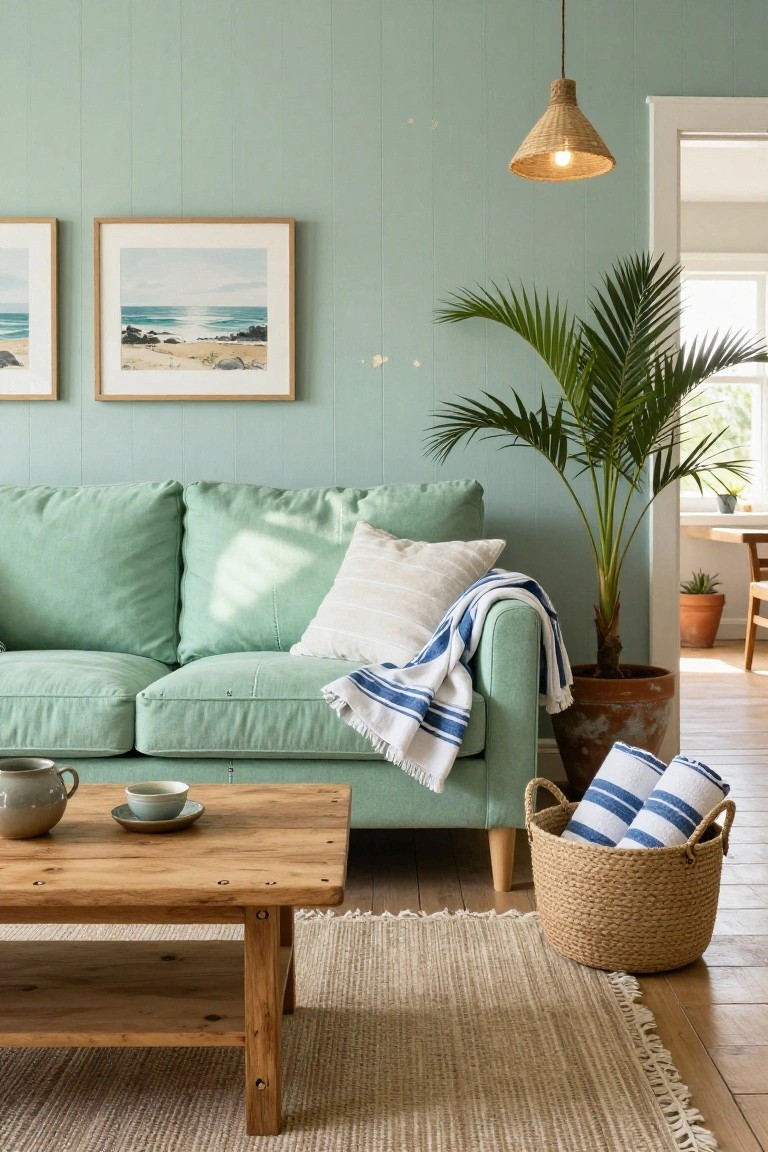 Living room with pale mint green linen sofa draped in white and blue striped blankets and towels, wooden coffee table with teapot and cup, tall potted palm plant, two framed beach seascape prints on light green paneled walls, rattan pendant lamp overhead.