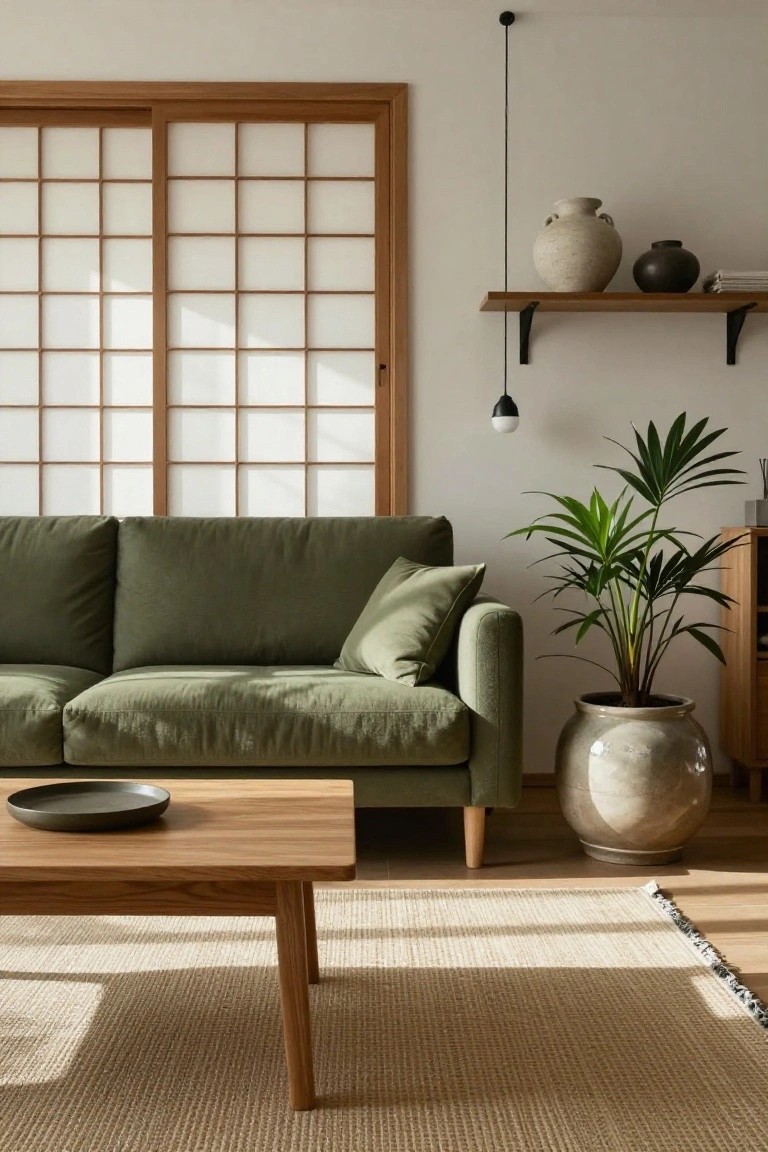 Living room with green fabric sofa, wooden coffee table holding a black plate, large potted palm plant, shoji sliding screens, hanging pendant light, shelves with ceramic vases, and seagrass rug on wood floor.