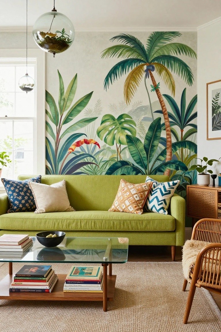 Living room with bright green sofa against tropical jungle wallpaper of palms and leaves, glass terrarium pendant lights overhead, wood and glass coffee table with stacked books, rattan chairs, and potted plants nearby.