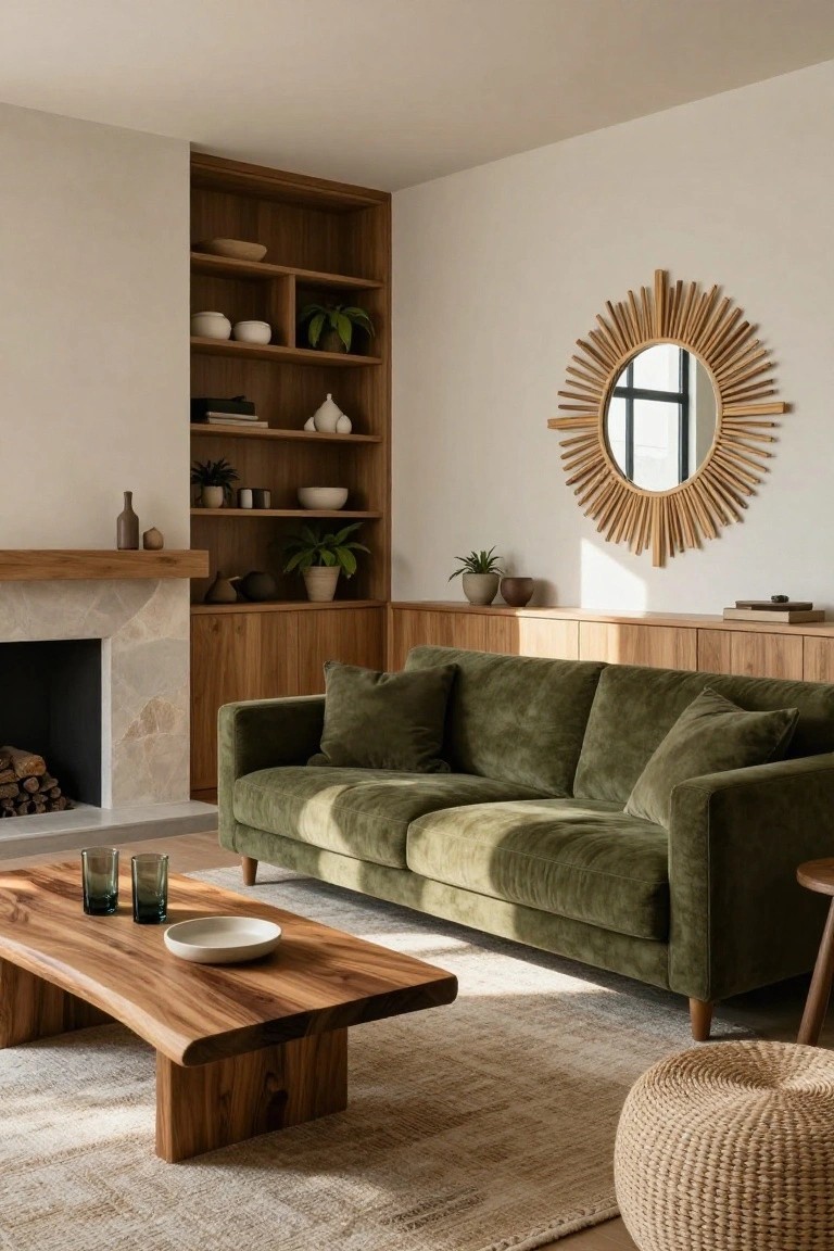 Wood Tones Around a Green Sofa